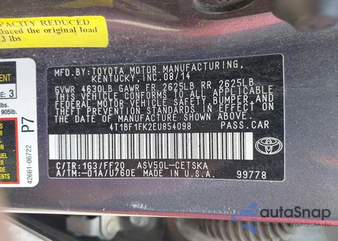 2014 Toyota Camry Se from USA, damaged, VIN 4T1BF1FK2EU854098